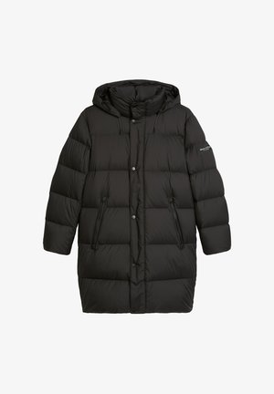 Zwarte donsjas met capuchon, voorzien van doorgestikte panelen, drukknoopsluiting aan de voorkant, twee zijzakken en een subtiel merkembleem op de mouw.