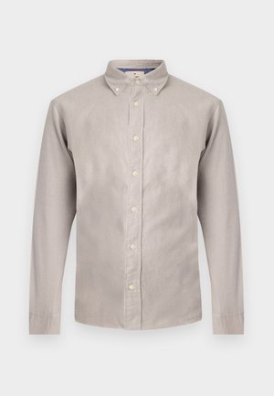 Hellgraues Langarm-Hemd mit Knöpfen und einem Kragen, ausgestattet mit beigen Knöpfen und einer glatten Textur. Das Design umfasst eine klassische Passform und eine schlichte Gestaltung.