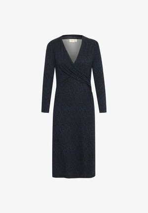 Marineblå omslagskjole med lange ærmer, der har et blomstermotiv, blød tekstur og v-hals, som falder under knæet.