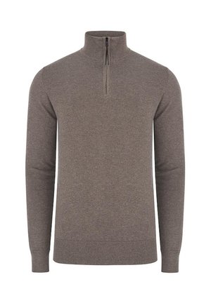 Brązowy sweter zapinany na zamek z wysokim kołnierzem, długimi rękawami i prążkowanym wykończeniem. Wykonany z miękkiej, teksturowanej tkaniny. Prosty i minimalistyczny design.