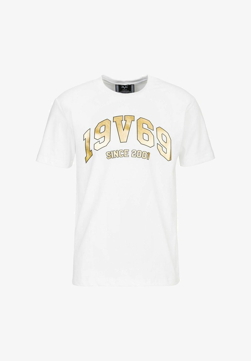 Weißes Baumwoll-T-Shirt mit Rundhalsausschnitt und kurzen Ärmeln. Ein auffälliger goldener Druck zeigt "19V69" und "SINCE 2001" in einer geschwungenen Anordnung.