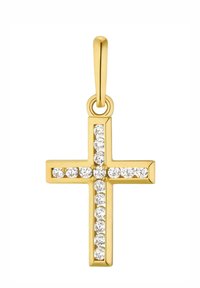 Złoty wisiorek w kształcie krzyża z przezroczystymi okrągłymi kryształkami osadzonymi w ramionach, gładka tekstura z polerowanym wykończeniem oraz prostą pętelką do zawieszenia.