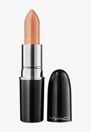 Beige skinnende MAC læbestift med sølv- og sort hylster, hætten fjernet og placeret ved siden af læbestiften.