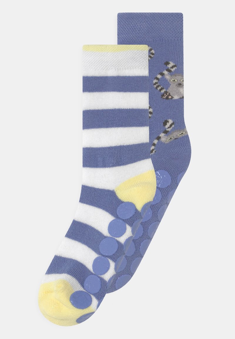 Striped socks with white and blue patterns, featuring a yellow toe and non-slip dots on the sole, adorned with a cat design.