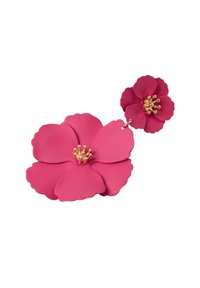 Ett par länkade rosa blomformade örhängen med detaljer av guldståndare på en vit bakgrund.