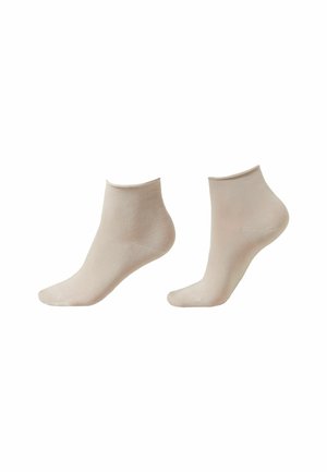Paire de chaussettes chevilles beige clair présentées sur des modèles de pied sur fond blanc, montrant les vues de face et de côté.