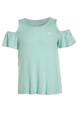 Lichtgroen cold-shoulder kindertopje met korte gerimpelde mouwen en een klein wit geborduurd elandlogo op de borst.