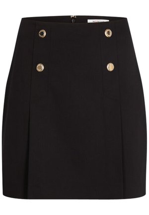 Jupe noire en A en tissu lisse, dotée de deux accents de boutons dorés à la taille et de plis subtils à l'avant. Fermeture à glissière au dos.