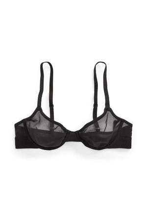 Černá podprsenka z průsvitné síťoviny s kosticemi, nastavitelnými ramínky a hladkým lemem. Průhledný materiál a jemná textura. Košíčky tvarované pro podporu.
