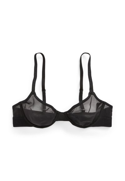 Czarny biustonosz z siateczki z fiszbinami, regulowanymi ramiączkami i gładkim pasem. Przezroczysty materiał i miękka faktura. Miseczki uformowane dla wsparcia.