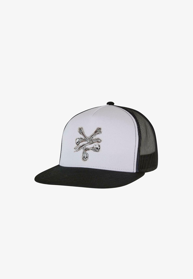 Sort og hvid kasket med en ensfarvet sort skygge. Forsiden har et sølvfarvet skull og korsknogler design. Meshan bag til ventilation.