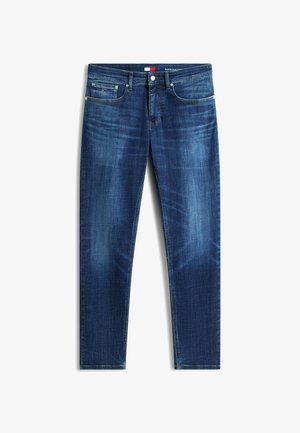 Schmal geschnittene dunkelblaue Jeans aus Denim mit Front- und Münztaschen, Knopfverschluss und dezentem Verblassen an Oberschenkeln und Knien.