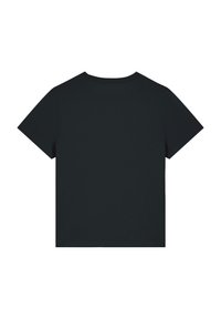 Zwarte T-shirt met korte mouwen en een ronde hals. Gemaakt van zachte katoen, heeft het een eenvoudig ontwerp zonder patronen of versieringen.
