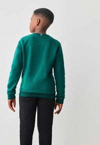 Zelená mikina vyrobená z mäkkej tkaniny, s okrúhlym výstrihom, rebrovanými manžetami a lemom, v kombinácii s čiernymi nohavicami. Pohľad z chrbtovej strany zobrazuje pruhovaný akcent.