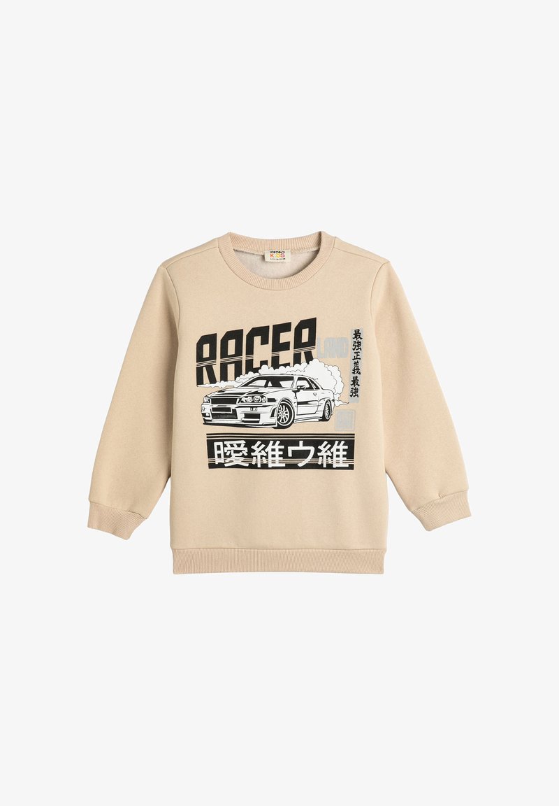 Beżowy sweatshirt z długimi rękawami i ściągaczami, z czarną grafiką przedstawiającą samochód oraz tekstowym wzorem na przodzie.