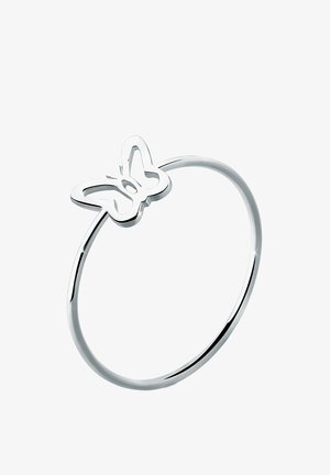 Sølvring med en tynd bænk, der har et sommerfugl-design på toppen, glat overflade og en poleret finish.