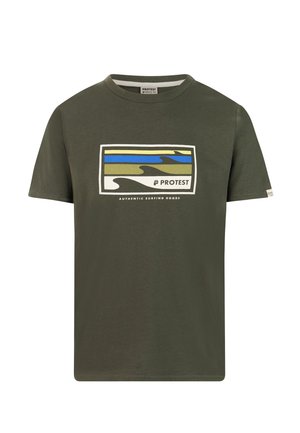 Olive green cotton t-shirt with crew neck. Features a graphic print of waves in blue, green, and white, and "PROTEST" branding at the bottom.