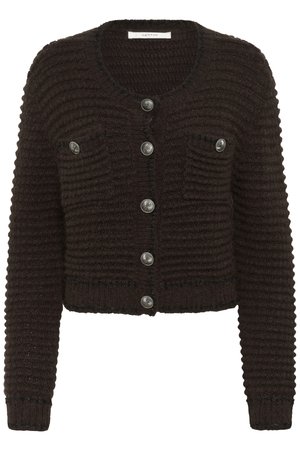 Brown ribbed cardigan with a round neckline, front button closure, and two chest pockets. Features silver buttons and textured knit material.