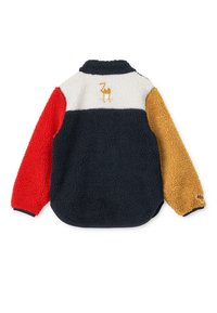 Fleecejakke med høy krage, med røde, marineblå, hvite og gule paneler. Brodert kamel-logo på baksiden. Myk, teksturert stoff.
