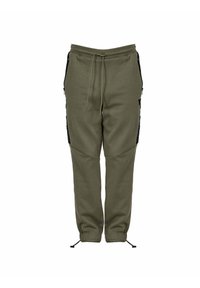 Pantalones de chándal verde olivo con paneles laterales negros, cintura con cordón y puños elásticos. Presenta dos bolsillos con cremallera a los lados.