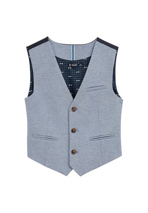 Gilet gris clair texturé avec trois boutons marron et trois poches avant, doublure intérieure bleu foncé à motifs, vêtement formel sans manches.