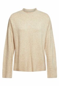Lichtbeige trui van zacht breimateriaal, met een hoge hals, lange mouwen, geribbelde boorden en een relaxte pasvorm.