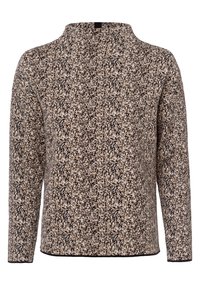 Suéter de punto con un cuello alto, que presenta un patrón texturado salpicado en crema, beige y negro. Mangas largas con un dobladillo recto.