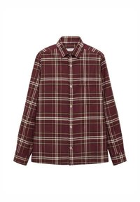 Camisa de cuadros burdeos con mangas largas, parte delantera abotonada, cuello y un bolsillo en el pecho. Presenta patrones de rejilla alternos en blanco y amarillo.