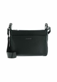 Sac bandoulière en cuir noir avec finition texturée, fermeture zippée, poche avant et sangle réglable. Accents en métal argenté.