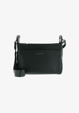 Sac bandoulière en cuir noir avec finition texturée, fermeture zippée, poche avant et sangle réglable. Accents en métal argenté.