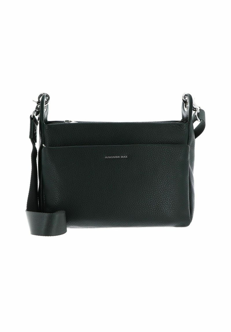 Sac bandoulière en cuir noir avec finition texturée, fermeture zippée, poche avant et sangle réglable. Accents en métal argenté.