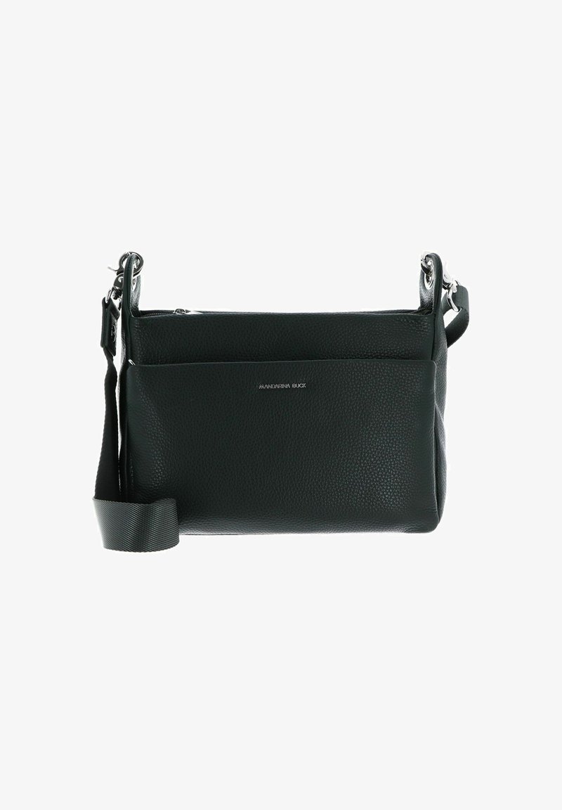 Sac bandoulière en cuir noir avec finition texturée, fermeture zippée, poche avant et sangle réglable. Accents en métal argenté.