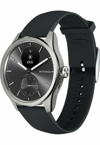 Orologio intelligente in acciaio inossidabile argento con quadrante grigio scuro, lancette eleganti, funzione EKG e cinturino in silicone nero con fori di ventilazione.
