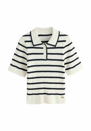 Kurzärmeliges Poloshirt in Creme mit marineblauen horizontalen Streifen, mit geripptem Stoff, Drei-Knopfleiste und kontrastierendem Kragen.