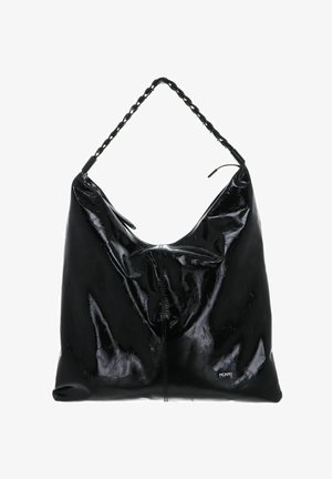 Black patent leather tote bag with a slouchy design, featuring a braided shoulder strap and a zip closure. Logo accent on the front.