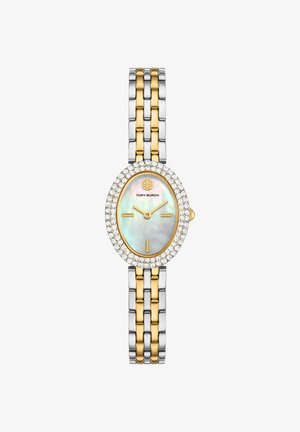 Oval-faced wristwatch with mother-of-pearl dial, gold-tone hands, crystal-studded bezel, and two-tone silver and gold linked bracelet.