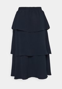 Jupe navy à volants superposés avec une ceinture élastique, présentant trois volants en couches pour une texture ajoutée. Confectionnée dans un tissu léger et fluide.