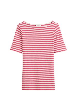 Gestreiften Kurzarmhemd mit pinken und weißen Horizontalstreifen, weitem Ausschnitt und weichem Stoff in lockerer Passform.