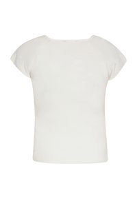 Top scurt alb cu maneci scurte, având o textură împletită și guler rotund. Prezintă maneci tip capac și un design ajustat, fără modele sau broderii.