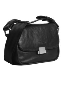 Borsa a spalla in pelle nera con forma rettangolare, chiusura in metallo argentato e superficie testurizzata; dotata di cinghia regolabile.