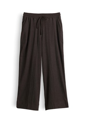Dark brown wide-leg pants with elastic waistband and drawstring, featuring side pockets and a textured fabric.