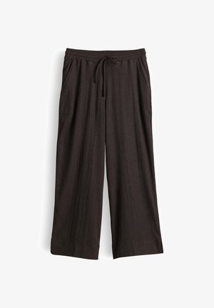 Pantaloni marrone scuro a gamba larga con vita elastica e coulisse, con tasche laterali e tessuto strutturato.