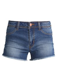 Tummansiniset farkkushortsit, joissa on rispaantunut helma, perinteinen viiden taskun malli ja ruskeat tikkauskoristeet saumoissa.