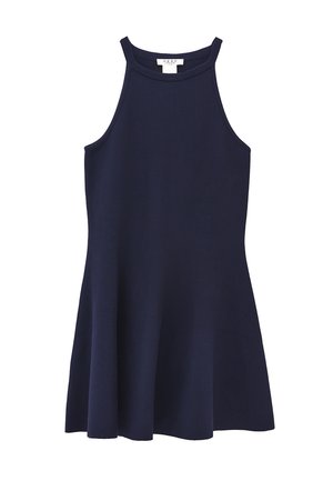 Robe bleu marine sans manches en tissu doux, avec un col montant et une jupe évasée. Texture lisse avec des détails de design minimalistes.