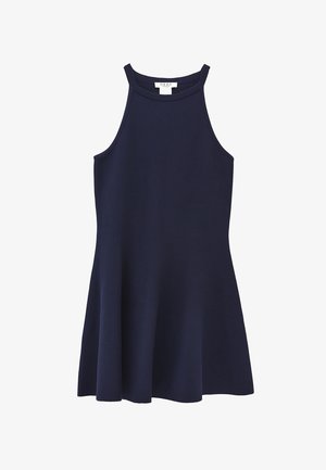 Marineblå, ærmeløs kjole lavet af blødt stof med høj halsudskæring og udslået nederdel. Glat tekstur med få design detaljer.