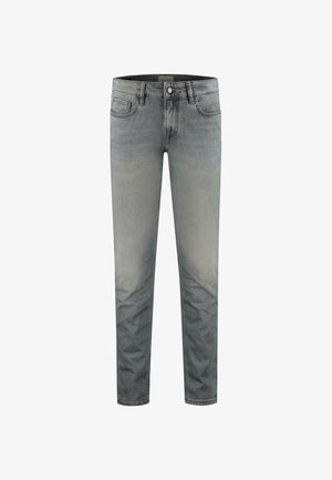 Jeans in denim grigio con una vestibilità aderente, caratterizzati da una trama sbiadita, design a cinque tasche standard e chiusura a bottone in vita.