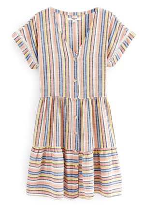 Short-sleeve button-front dress with vertical multicolored stripes, gathered waist, and lace trim on sleeve cuffs.