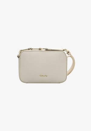 Beige pebble-textured rectangular handbag with gold hardware accents, a detachable shoulder strap, and a top zipper closure.
