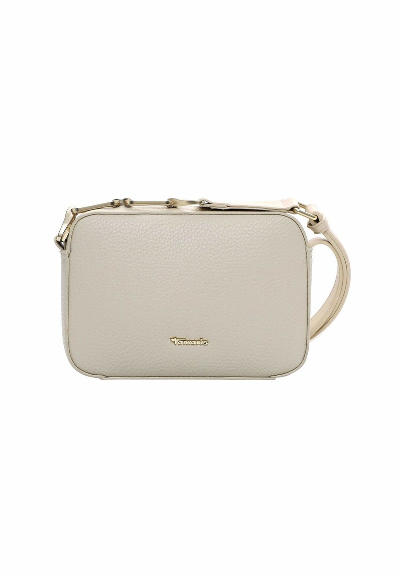 Borsa rettangolare di colore beige con texture a pietra, rifiniture in metallo dorato, tracolla removibile e chiusura superiore con cerniera.