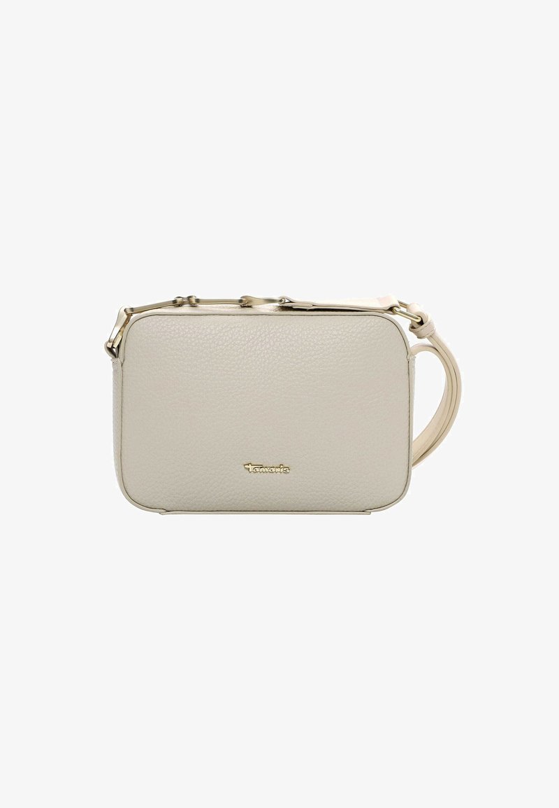 Borsa rettangolare di colore beige con texture a pietra, rifiniture in metallo dorato, tracolla removibile e chiusura superiore con cerniera.